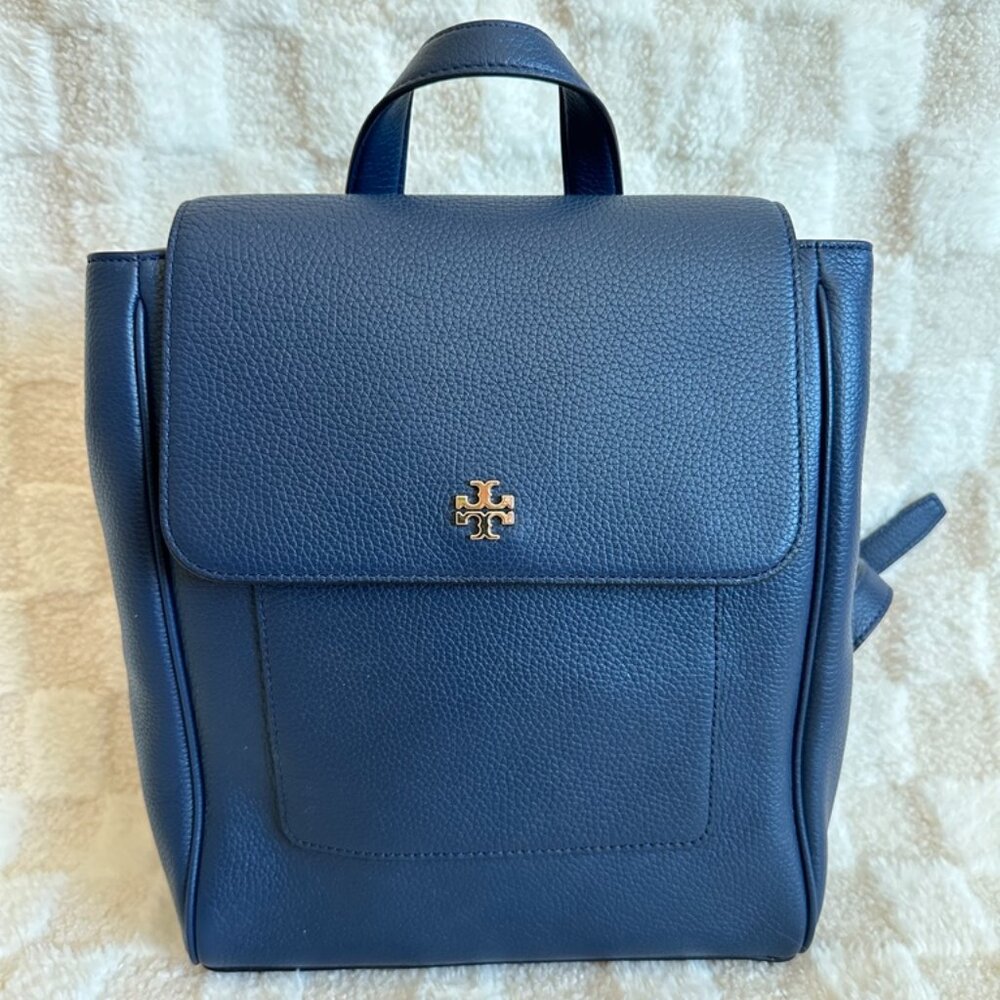NWT! RARE! Tory Burch Carter Flap Pebbled Leather Backpack In Roal Navy 67320 - Picture 1 of 9